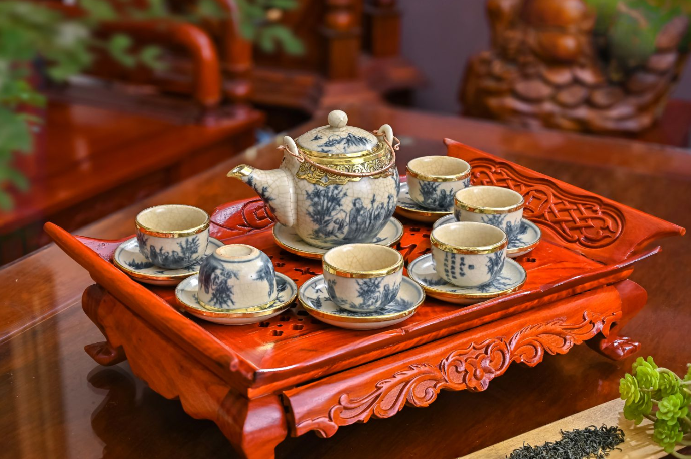 Bộ ấm chén trà thờ cúng men rạn